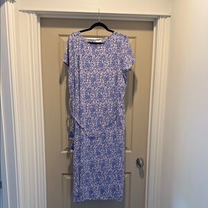 JJILL XL NWT Blue White Printed Short-Sleeve Maxi Dress